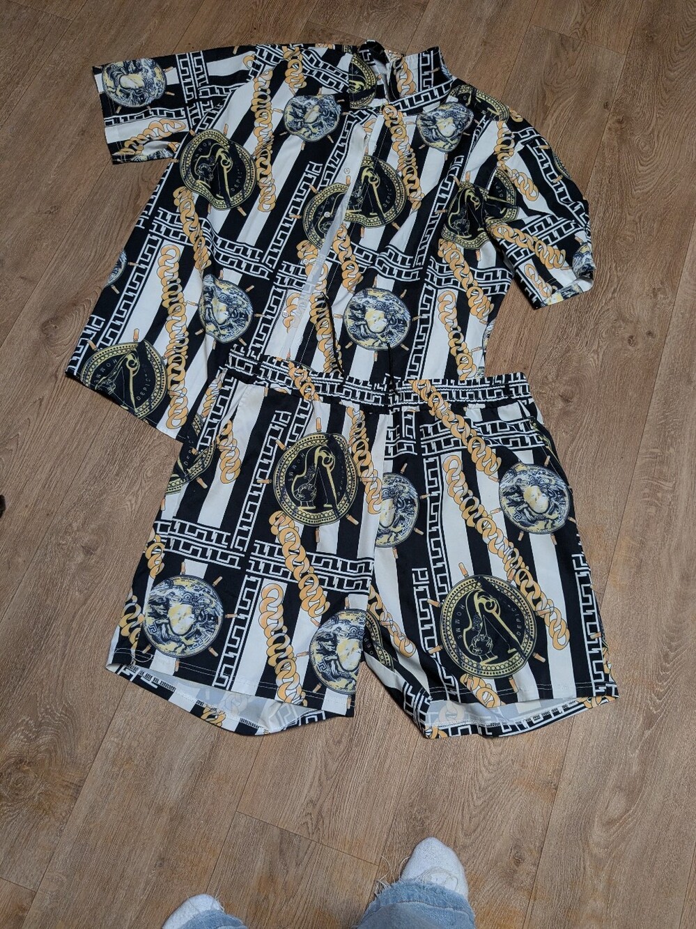 Mens Black & White Striped Gold-Accent Pajama Set